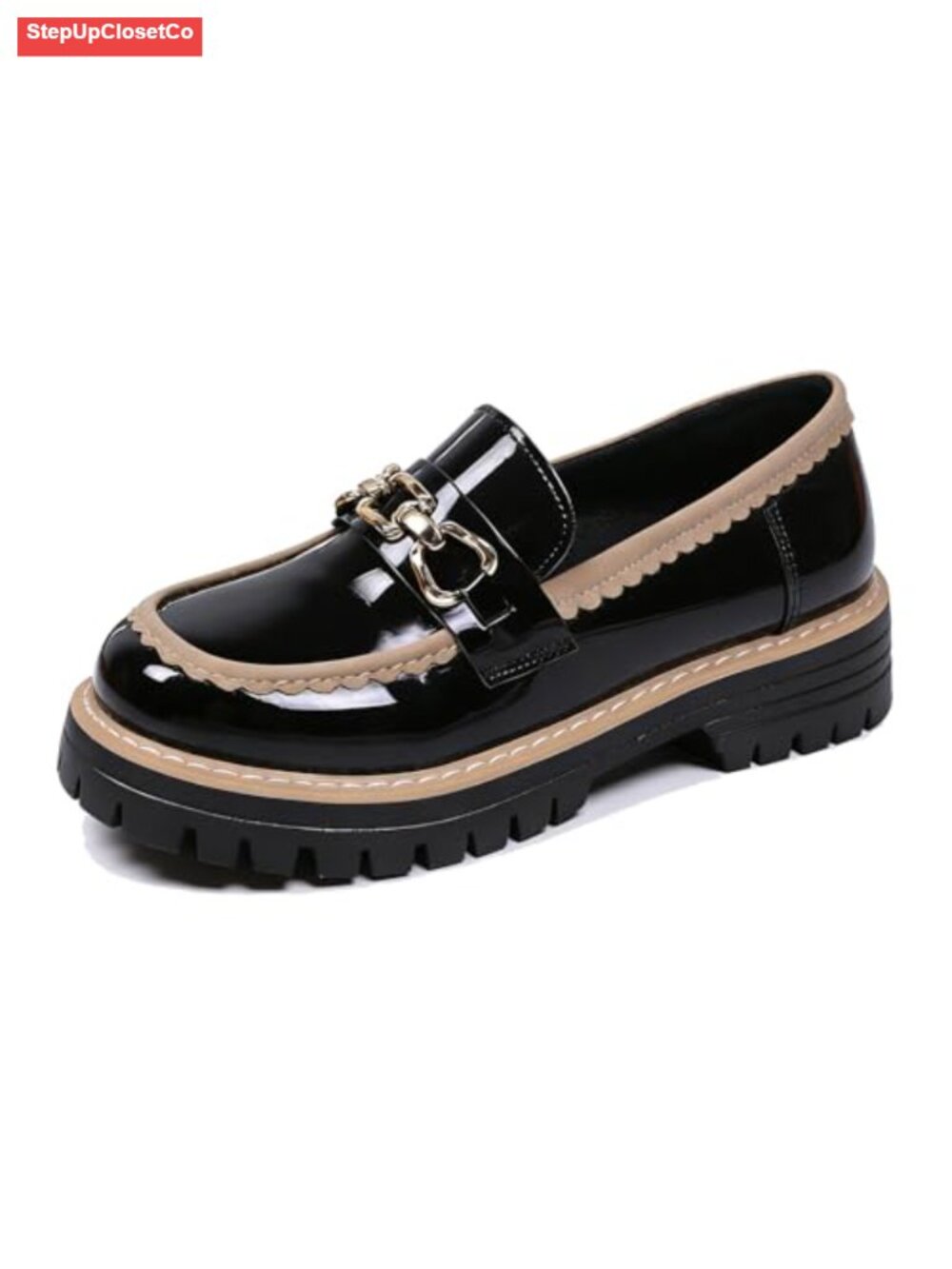 Women's Chunky Heel Penny Loafers Glossy Patent Leather Slip-On Work Dress